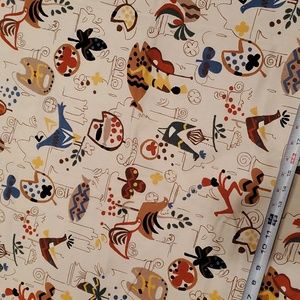 vintage barkcloth fabric, chickens, fish, 1.5 yds x 45"